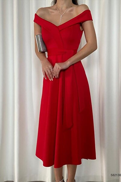 Deafox Red Scuba Fabric Madonna galléros öves ruha