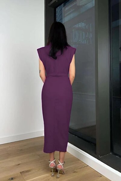 Deafox Turtleneck Draped and Padded Crepe Dress with Plum Brooch Detail