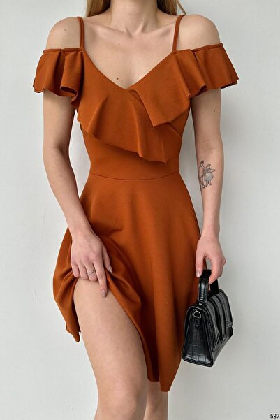 Deafox Brick Color Strappy Shoulder Ruffle Dress