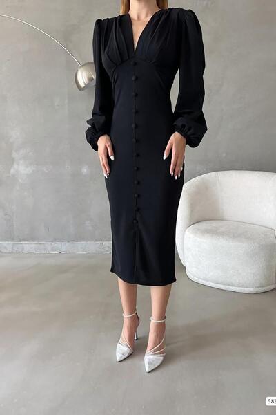 Deafox Black Button Detail Back Low-cut Midi Long Sleeve Imported Crepe Fabric Dress