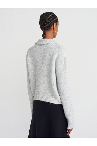 Dilvin 60928 Polo Neck Buttoned Soft Knitwear Cardigan-Gray Melange