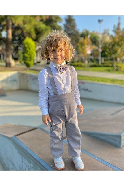 favorimkids Gray Cotton Harem Salopet Classic Long Sleeve Shirt with Bow Tie