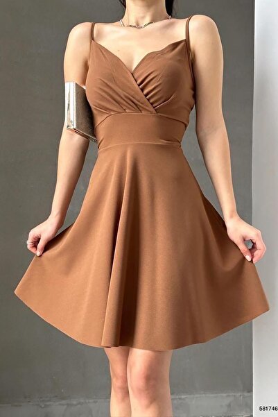 Deafox Brown Crepe Fabric Slim Strap Flared Dress