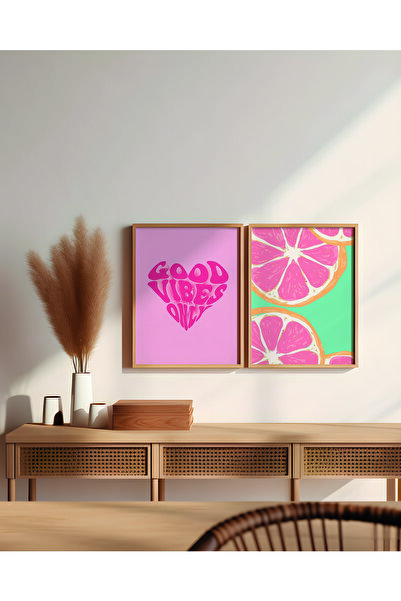 Good Vibes Only 2-Piece Minimalist Modern Painting with Natural Wood Frame