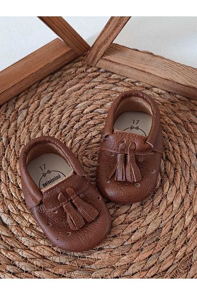 MİNİBİRİ Royal Model Tan Color Genuine Leather Baby Loafers Baby Shoes
