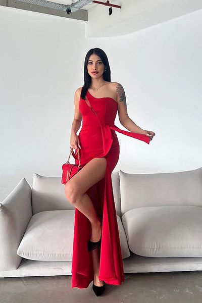Deafox Rochie de seară roșie cu un singur umăr, cu detaliu transparent, din țesătură scuba