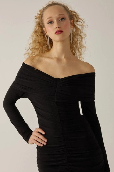 Hiccup Drapeli Off Shoulder Bodycon Maxi Elbise