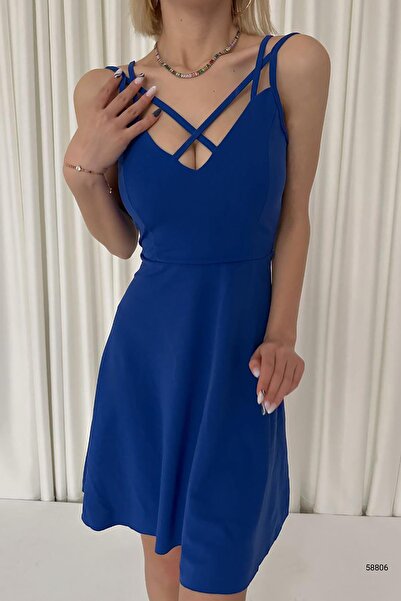 Deafox Сакс синя сукня з перехресними бретелями з імпортної крепової тканини