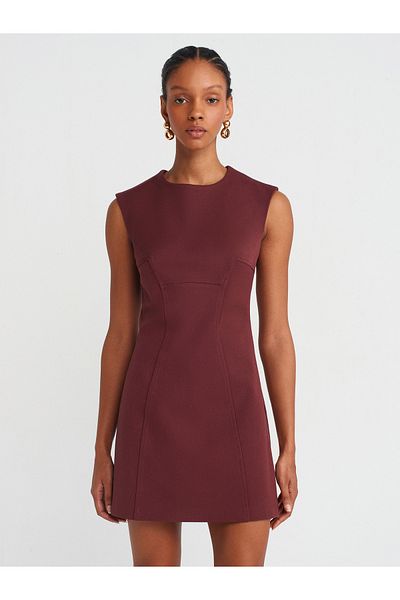 Dilvin 90908 Burgundy Stitched Mini Dress