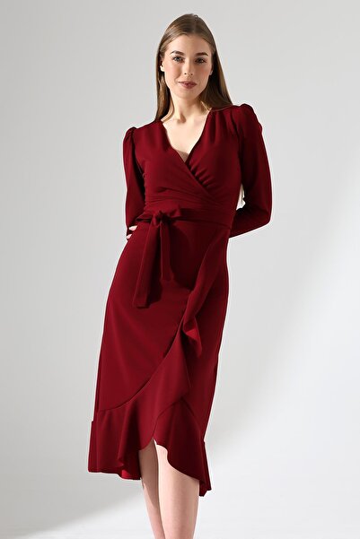 Deafox Burgundy Midi Dress - Crepe Fabric, Long Sleeve and Belted