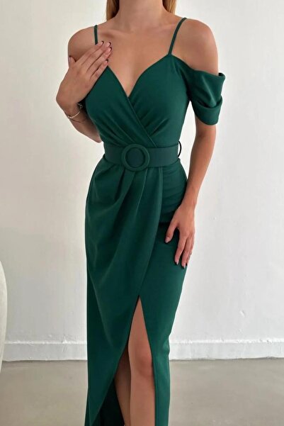 Deafox Smaragdzöld krepp szövet - kétsoros galléros és hasított részletes öves ruha