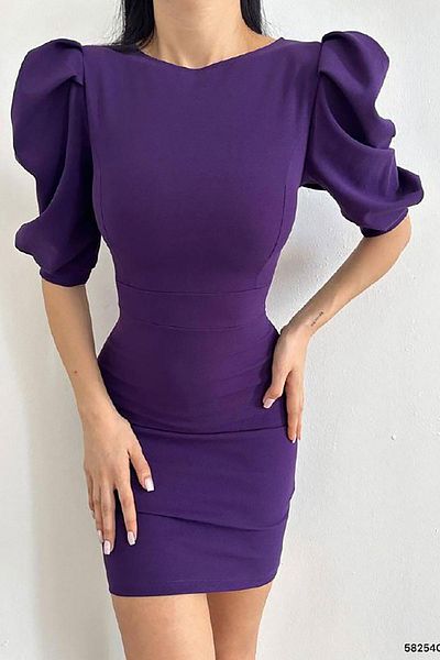 Deafox Lila Rücken Dekolleté Detail Halbarm Importiertes Crepe Stoff Kleid