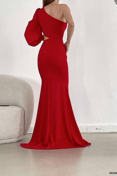 Deafox Rotes Abendkleid mit niedriger Taille und einem Ärmel aus importiertem Kreppstoff