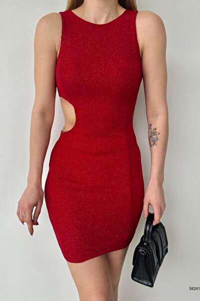 Deafox Red Bodycone Cut-out Mini Size Glittery Fukuro Fabric Dress