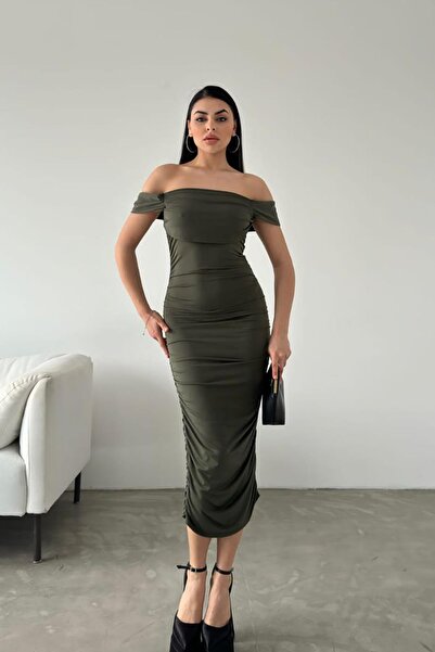 Deafox Khaki Sandy Fabric Drop detail Přehozené midi šaty