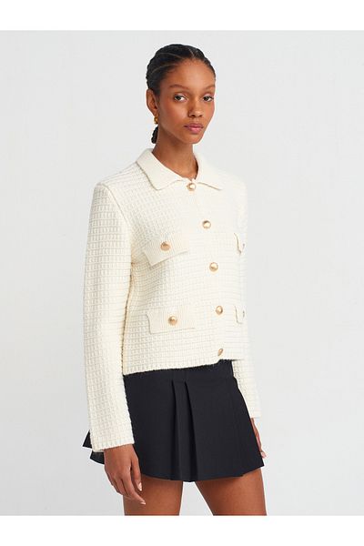 Dilvin 60925 Polo Collar Buttoned Knitwear Cardigan-Ecru