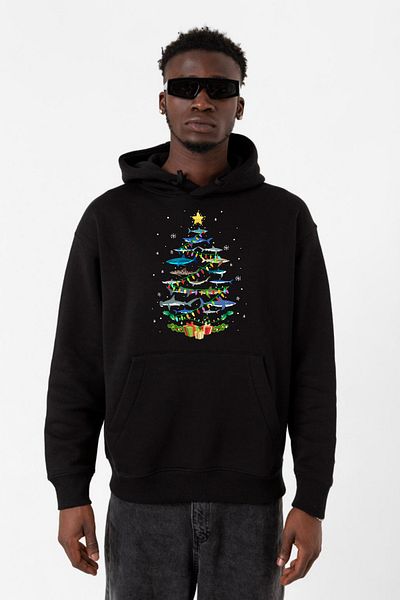 Tshirthane Мъжки суитшърт с качулка Shark Christmas Tree, черен, 3ip