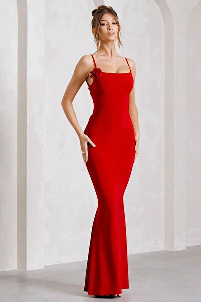 Deafox Red Strap Sandy Fabric Back Low-cut and Draped Dress