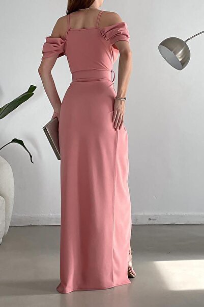 Deafox Φόρεμα κρεπ σε σκόνη με διπλό στήθος με λαιμόκοψη και σκίσιμο - με ζώνη