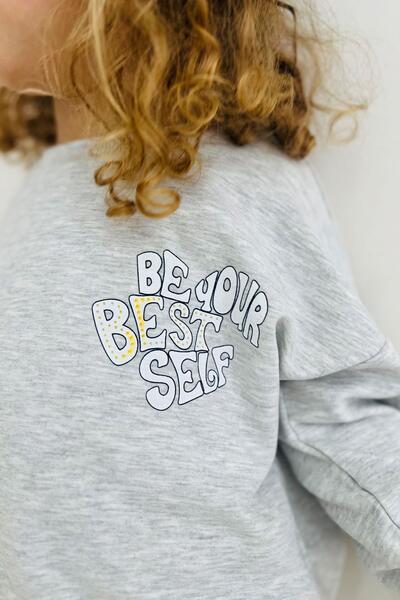 Breeze Σετ αθλητικής φόρμας για κορίτσια 4-9 ετών - Κείμενο εμπριμέ και μοτίβο λουλουδιών, ανοιχτό γκρι μελανζέ