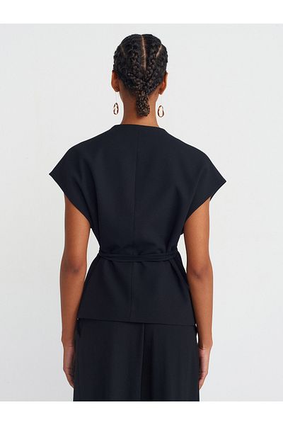 Dilvin 60567 Double Breasted Vest with Waist Belt-Black