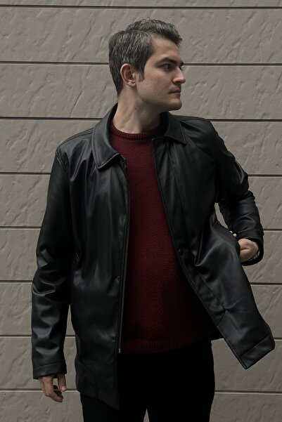 KARADAĞLI Regular Fit Siyah Dik Yaka Deri Ceket