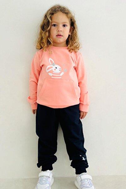 Breeze 1-4 Years Girl's Tracksuit Set - Cute Magician Bunny Print, Salmon