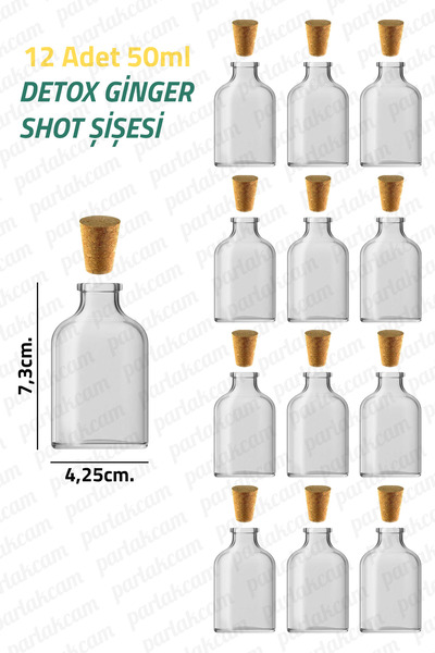 parlakcam Shot Bottle 50ml Mini Glass Bottle with Cork Stopper 50Cc Glass Ginger Detox Bottle Leak Proof (12 Pcs)
