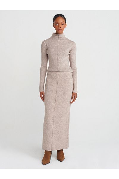 Dilvin 80116 Model Mink Knitwear Φούστα - Ελαστική μέση και λεπτομέρεια με σχισμή ραφής