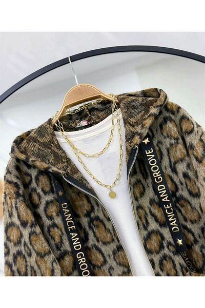 modasindoma Women's Plush Jacket with Leopard Print