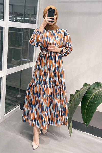 ModaSelin Ms246 Print Belted Orange Dress