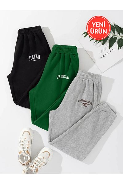 Rex Darius Winter Fleece Jogger Sweatpants - Μαύρο, Πράσινο και Γκρι, Λαστιχένιο Πόδι, Σετ 3 τεμαχίων