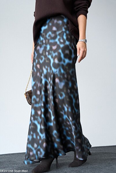 Panku Bizu Design Store Mangio Maxi Boy Gizli Fermuarlı Mavi Leopar Desenli Etek