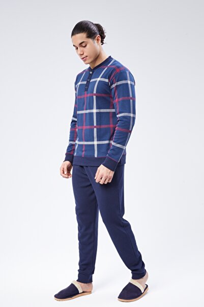 M MOONCOVER Mooncover Erkek Pamuklu Mevsimlik Pijama Takımı – Düğmeli Lacivert Baskılı