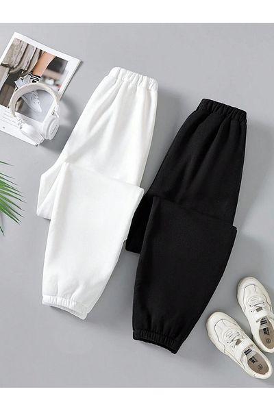 Rex Darius Χειμερινό Fleece Jogger Sweatpants - Ασπρόμαυρο, Ελαστικό Σετ 2 τεμαχίων