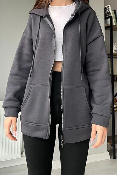 Orihime Kadın Antrasit 3 İplik Kapüşonlu Fermuarlı Polarlı Oversize Hırka