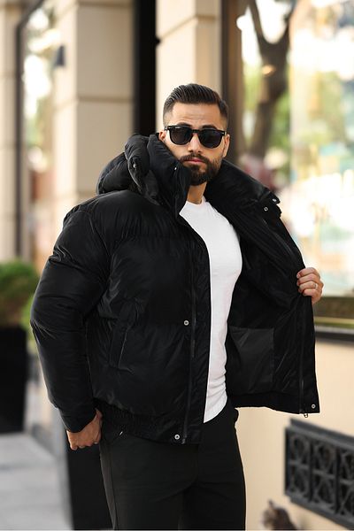 BearGlam Men's Black Hooded Coat - Stand Collar