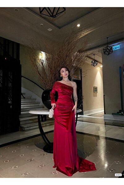 maf collection Rochie roșie de damă, lungă de catifea, cu un singur umăr