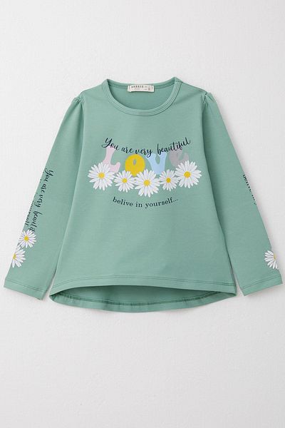 Breeze Tricou cu mânecă lungă pentru fetiță, cu text colorat, imprimat floral, 3-8 ani, verde mentă