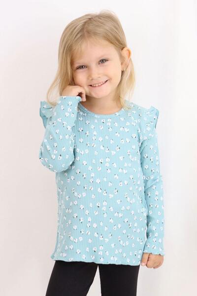 Breeze Girl's Long Sleeve T-Shirt Floral Patterned Ruffle Shoulder 2-6 Years, Water Green
