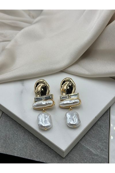 Lumiera Gold Pearl and Stone Dangle Steel Earrings