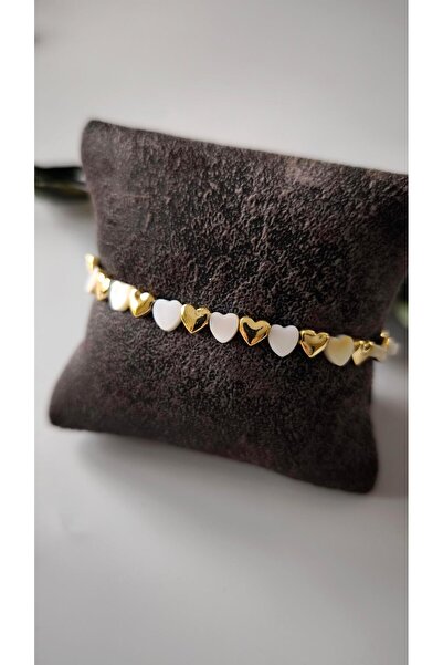 VOBEEYKU سوار قلب لامع باللون الذهبي واللؤلؤي