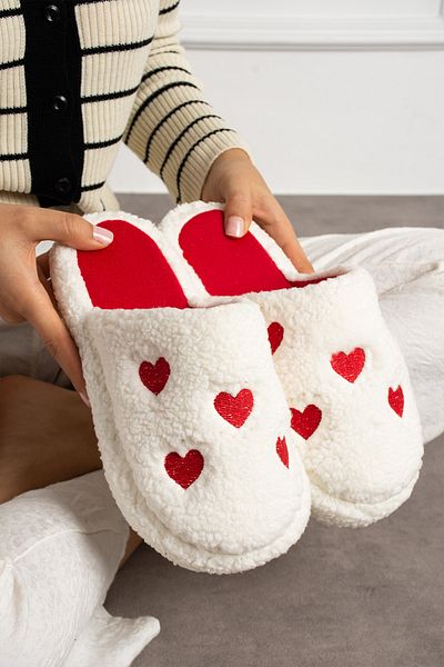 STOCON Red Embroidered Heart Fluffy House Slippers - Dowry Bundle Slippers Valentine's Day