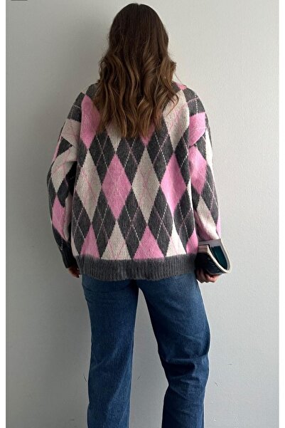 fujya Kadın Bisiklet Yaka ekoseli Şardonlu Wully Triko Kazak Pembe