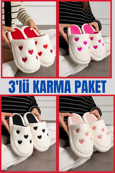 STOCON Red Embroidered Women's House Slippers - Fluffy Dowry Bundle 3 Pack