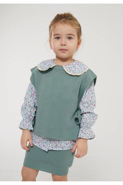 Pinkitokids Mint Floral Print Shirt and Knitwear Sweater-Skirt Set
