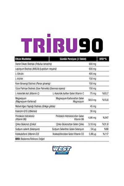 West Nutrition Tribu90 Tribulus Demir Dikeni Lepidyum - Maca - Panax Ginseng Ekstresi Ve Sitrülin 90 Tablet 1250 Mg