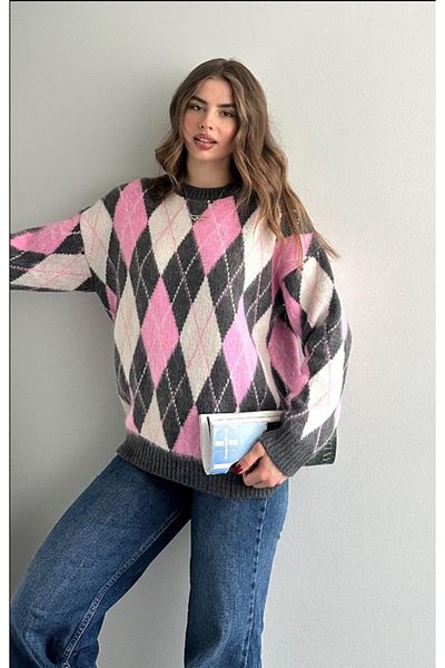 fujya Pulover roz Wully Knitwear - Decolteu, imprimeu în carouri și panglică