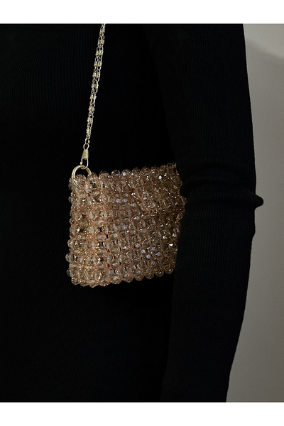 vivozza Champagne Bead Bag - Evening Dress Bag - Invitation Bag - Shoulder Bag - Evening Bag 20X13Cm