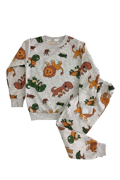 Arya Nisa Kids Boys' Two Yarn Cotton Raised Gray Lion-Dinosaur Pattern Long Sleeve Winter Pajamas Set
